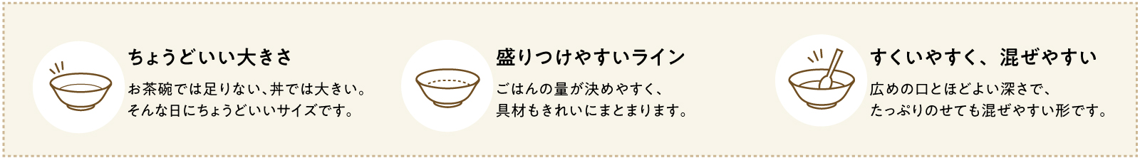 ちょうどいい大きさ／盛りつけやすい内側のライン／すくいやすく、混ぜやすい