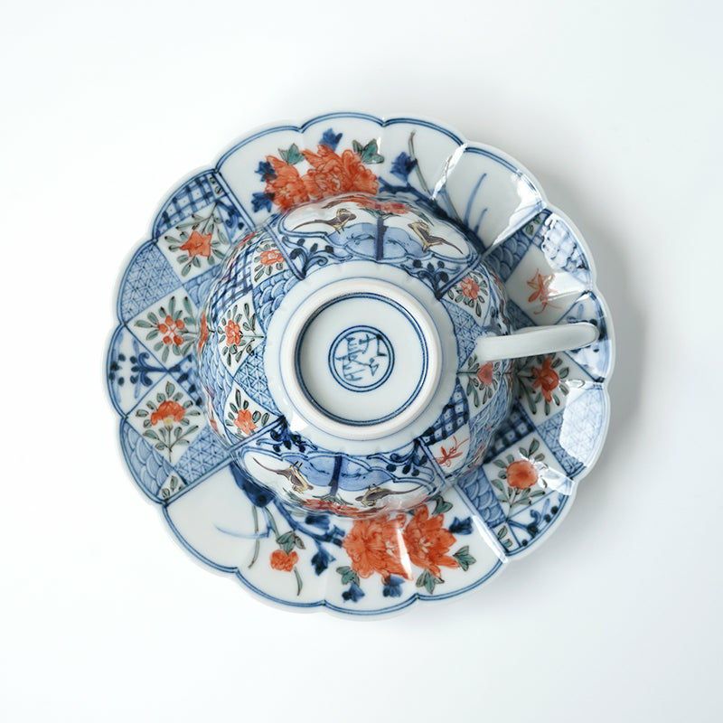 山本長左（やまもとちょうざ） 【山本長左】菊型珈琲碗皿 色絵間取花鳥