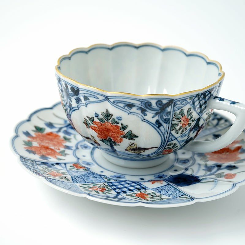山本長左（やまもとちょうざ） 【山本長左】菊型珈琲碗皿 色絵間取花鳥