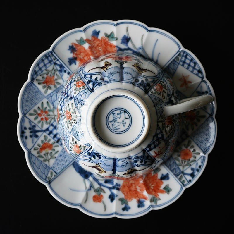 山本長左（やまもとちょうざ） 【山本長左】菊型珈琲碗皿 色絵間取花鳥