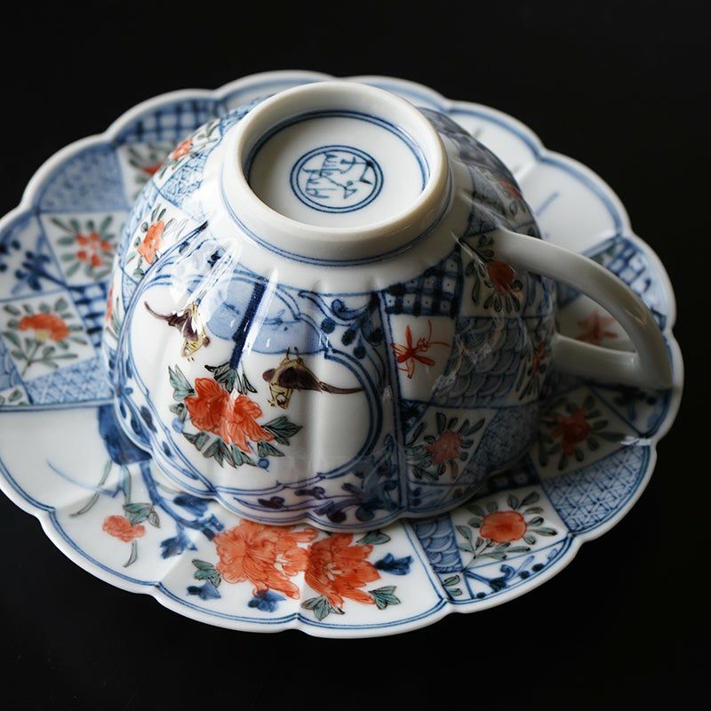 山本長左（やまもとちょうざ） 【山本長左】菊型珈琲碗皿 色絵間取花鳥