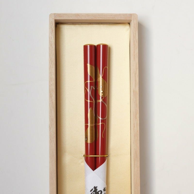 輪島（石川県） 【輪島のお箸】 手描き蒔絵箸 ひさご 朱（桐箱入） |皿