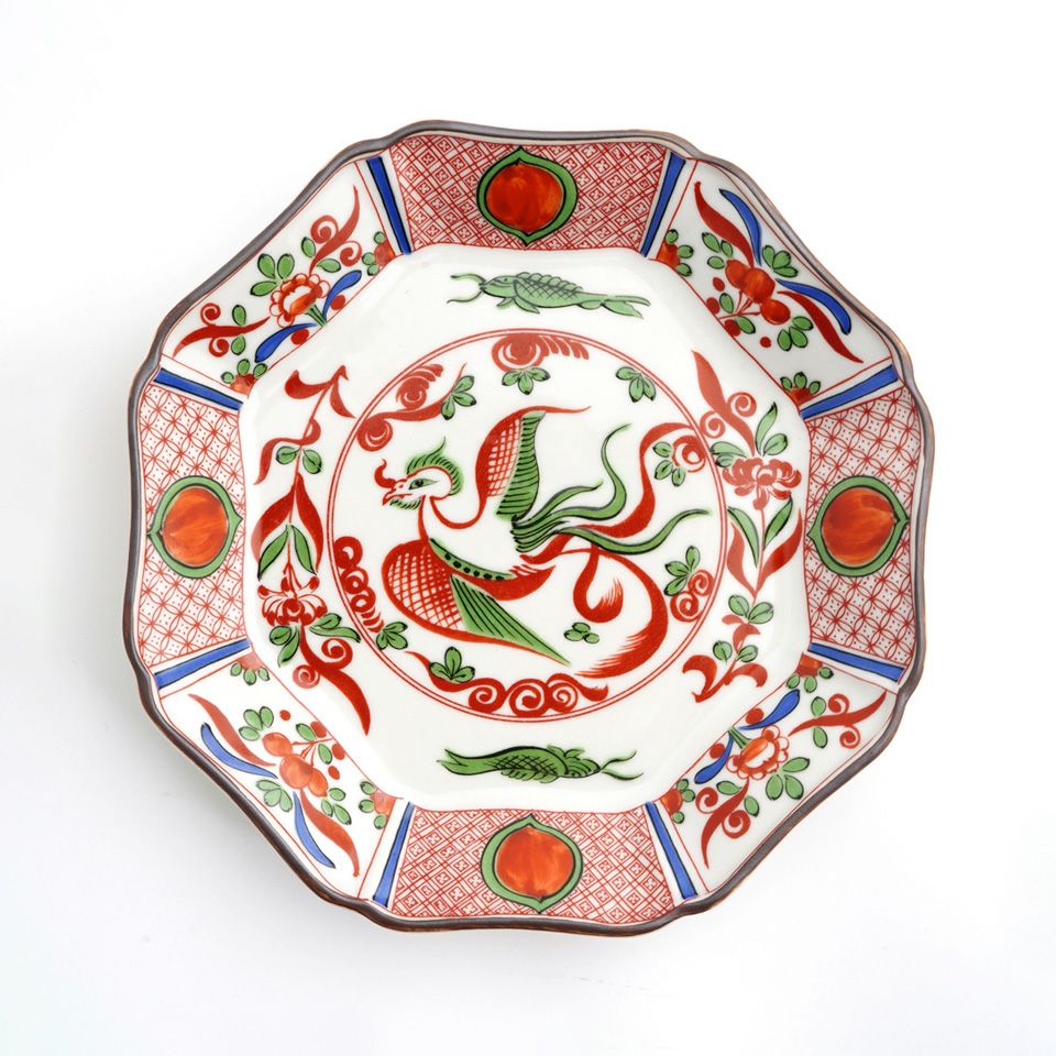 中皿 鳳凰 色絵付 窯傷 2枚 銘 明治 九谷 SALE 【九谷焼SALE】赤絵鳳凰 ペア中皿〈2枚〉 |皿や鉢など和食器の
