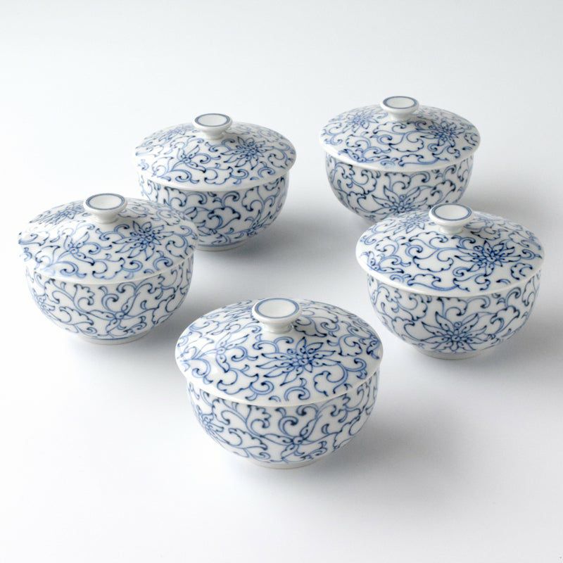 グッドさん専用 染伊利南京　茶碗　五人前　箱つき 京唐草（きょうからくさ） 京唐草 お茶呑茶碗（桐箱入）〈5客〉 瀬戸焼