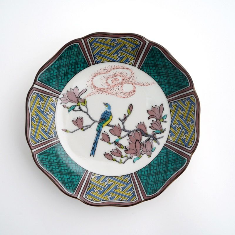 【美品】九谷焼　龍山　良山　花鳥図　大皿　盛り皿　２枚　セット 8号長皿揃 山雀/青郊窯