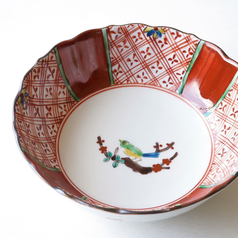 1063  九谷焼　色絵花瓶　花鳥図案　時代物 名品皿（15.0cm） 古九谷色絵壺花鳥図／青郊窯