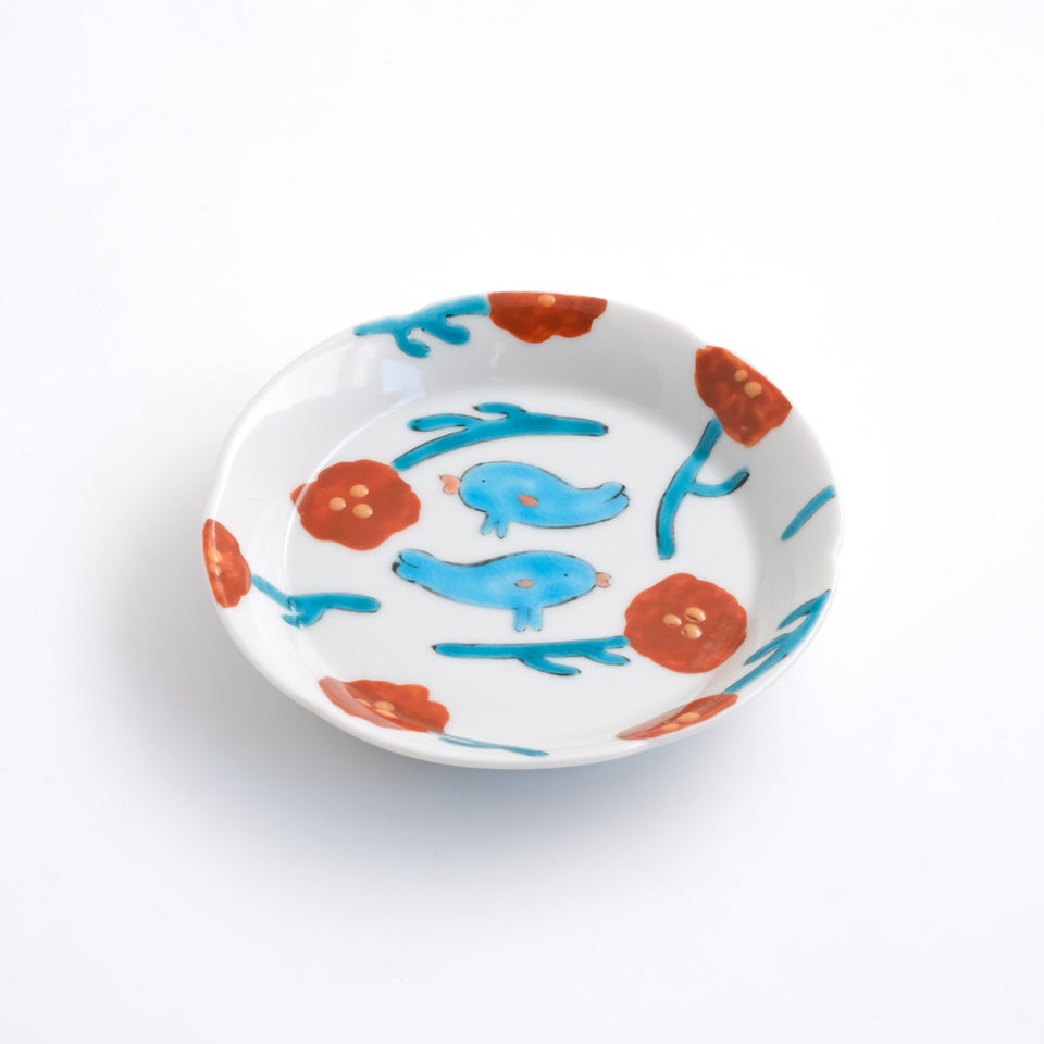 青と赤の花柄　鳥模様の皿　飾り皿　大小２枚 約36cmと約32cm　送料無料 もりのももみ 【もりのももみ】輪花小皿 青い鳥と赤い花〈1枚〉 |皿や